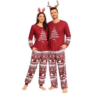 SWOMOG Couple Pajamas Sets Christmas Matching Long Sleeve Sleepwear Pjs Women & Men Soft 2 Pieces Loungewear(Red Christmas Bear)