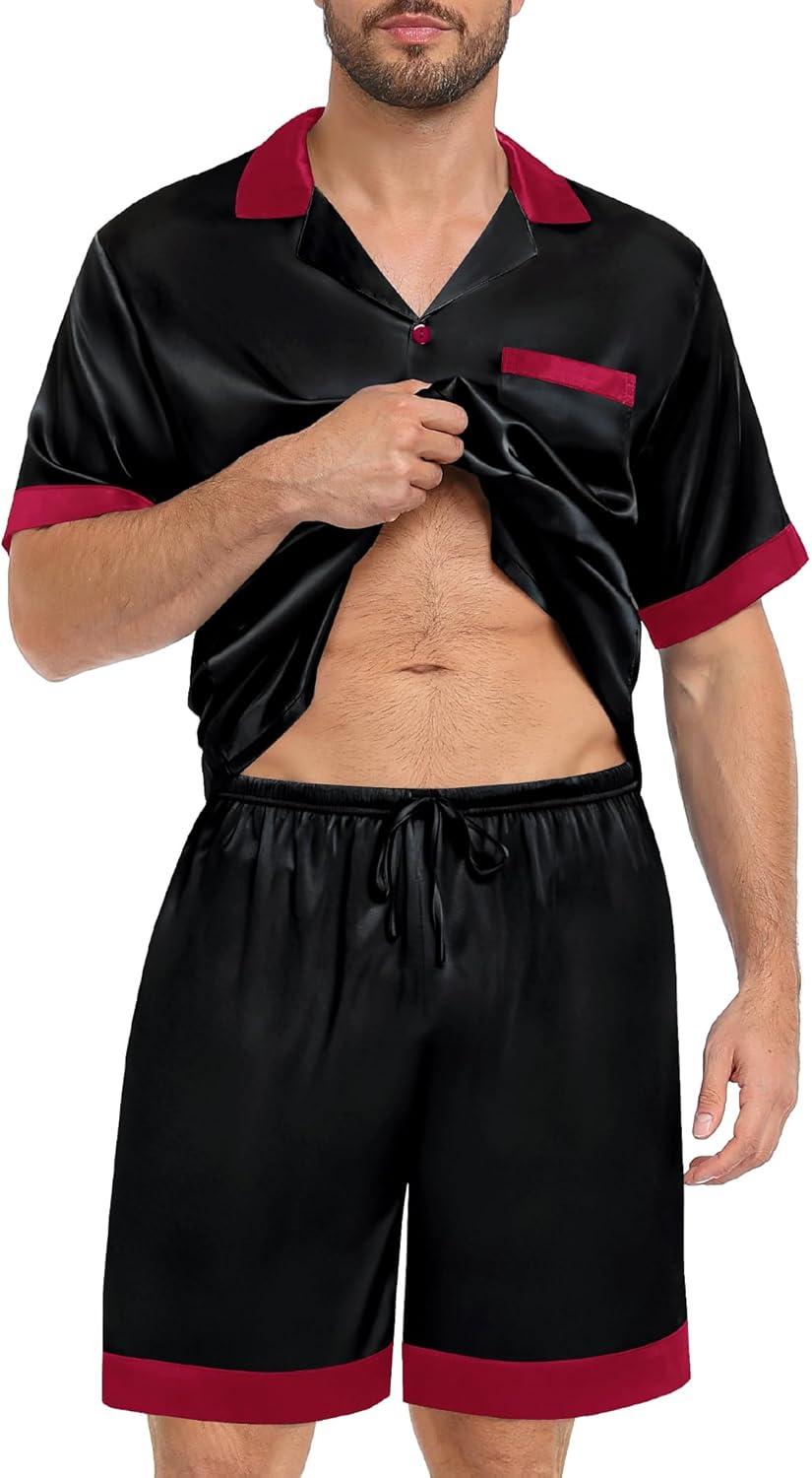 imageSWOMOG Men Satin Silk Pajamas Sets with Pockets Short Sleeve ButtonDown PJs Sets 2 Piece Summer Sleepwear SXXLBlack