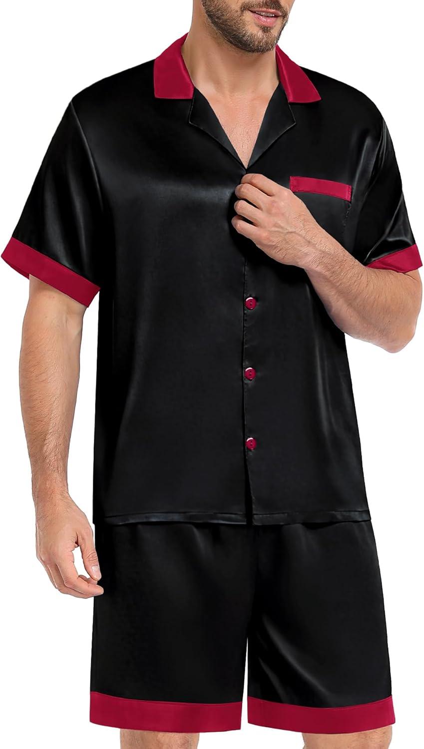 imageSWOMOG Men Satin Silk Pajamas Sets with Pockets Short Sleeve ButtonDown PJs Sets 2 Piece Summer Sleepwear SXXLBlack