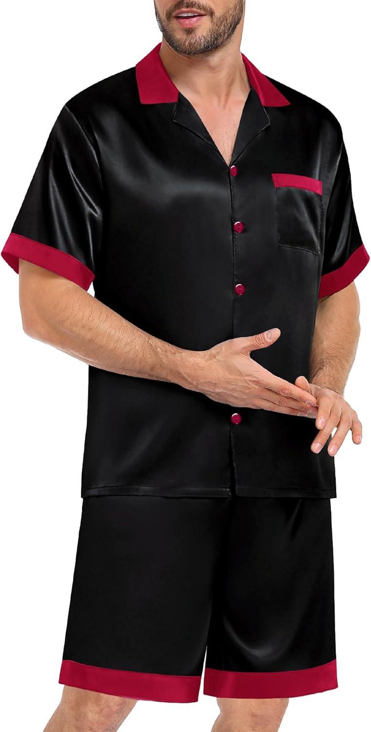 imageSWOMOG Men Satin Silk Pajamas Sets with Pockets Short Sleeve ButtonDown PJs Sets 2 Piece Summer Sleepwear SXXLBlack