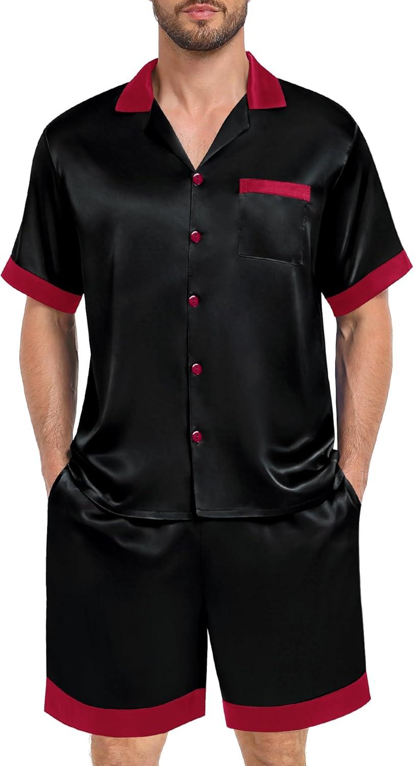 imageSWOMOG Men Satin Silk Pajamas Sets with Pockets Short Sleeve ButtonDown PJs Sets 2 Piece Summer Sleepwear SXXLBlack