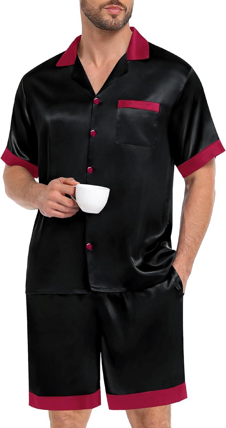 imageSWOMOG Men Satin Silk Pajamas Sets with Pockets Short Sleeve ButtonDown PJs Sets 2 Piece Summer Sleepwear SXXLBlack