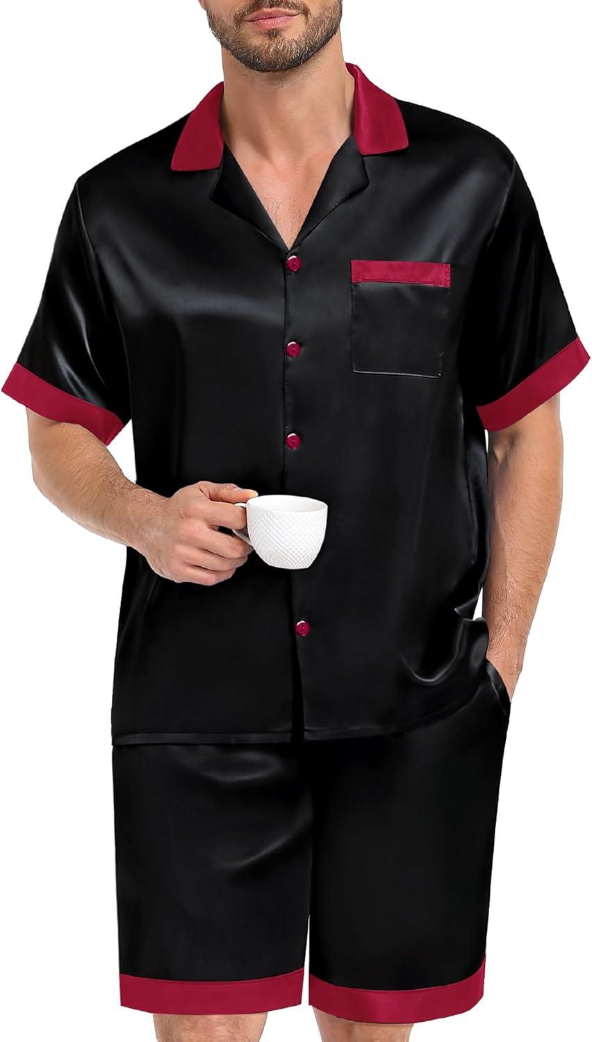 imageSWOMOG Men Satin Silk Pajamas Sets with Pockets Short Sleeve ButtonDown PJs Sets 2 Piece Summer Sleepwear SXXLBlack