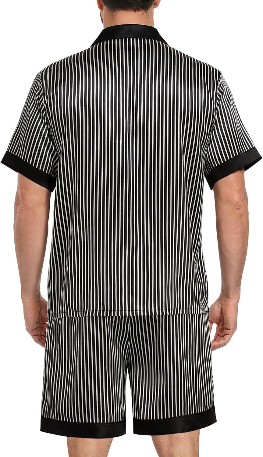 imageSWOMOG Men Satin Silk Pajamas Sets with Pockets Short Sleeve ButtonDown PJs Sets 2 Piece Summer Sleepwear SXXLBlack Stripe Gold