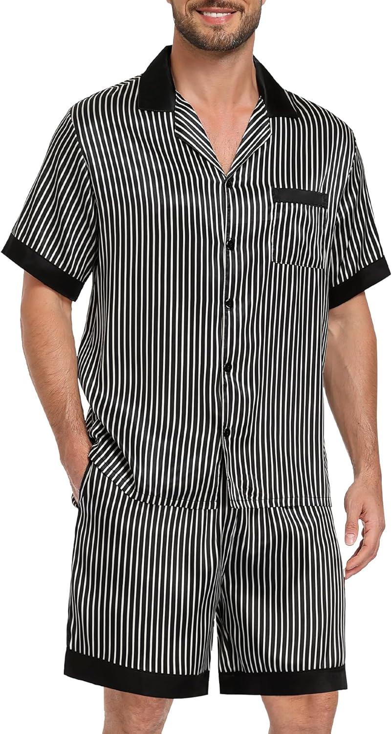 imageSWOMOG Men Satin Silk Pajamas Sets with Pockets Short Sleeve ButtonDown PJs Sets 2 Piece Summer Sleepwear SXXLBlack Stripe Gold