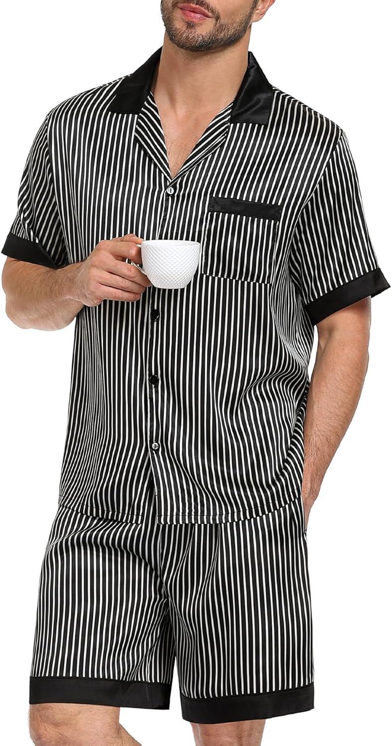 imageSWOMOG Men Satin Silk Pajamas Sets with Pockets Short Sleeve ButtonDown PJs Sets 2 Piece Summer Sleepwear SXXLBlack Stripe Gold