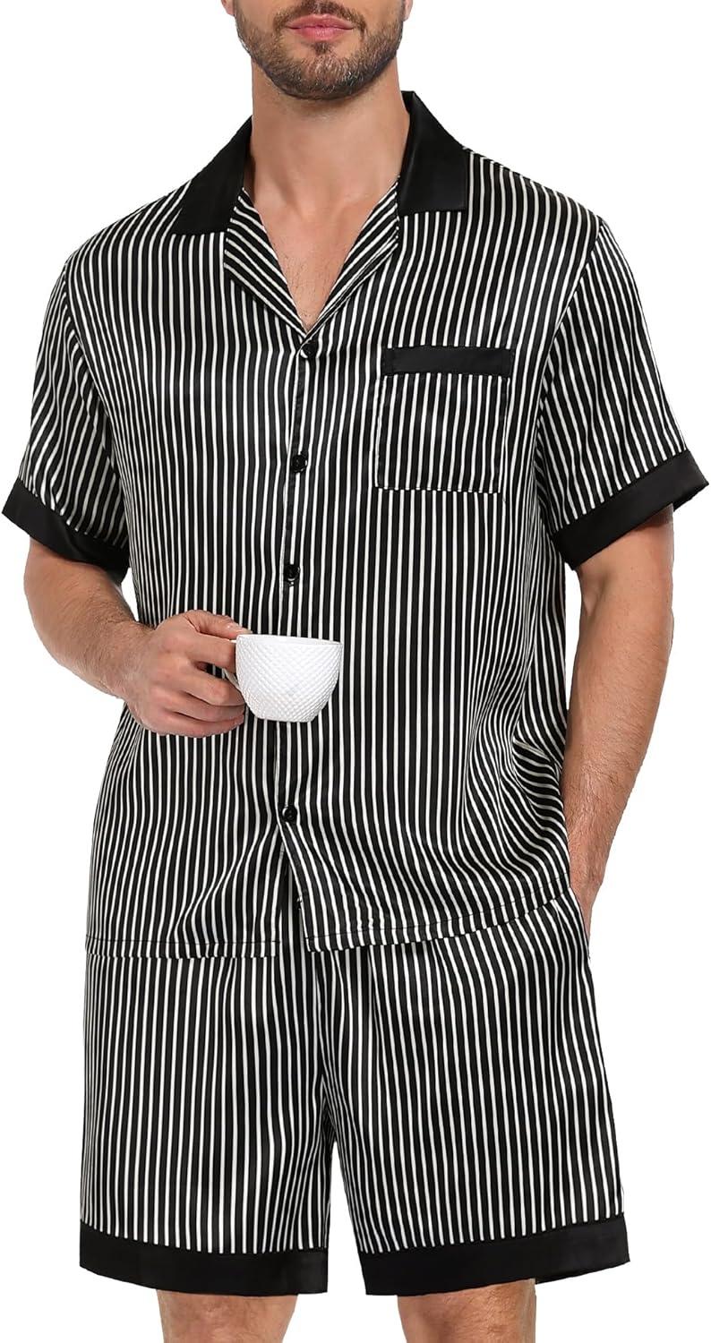 imageSWOMOG Men Satin Silk Pajamas Sets with Pockets Short Sleeve ButtonDown PJs Sets 2 Piece Summer Sleepwear SXXLBlack Stripe Gold