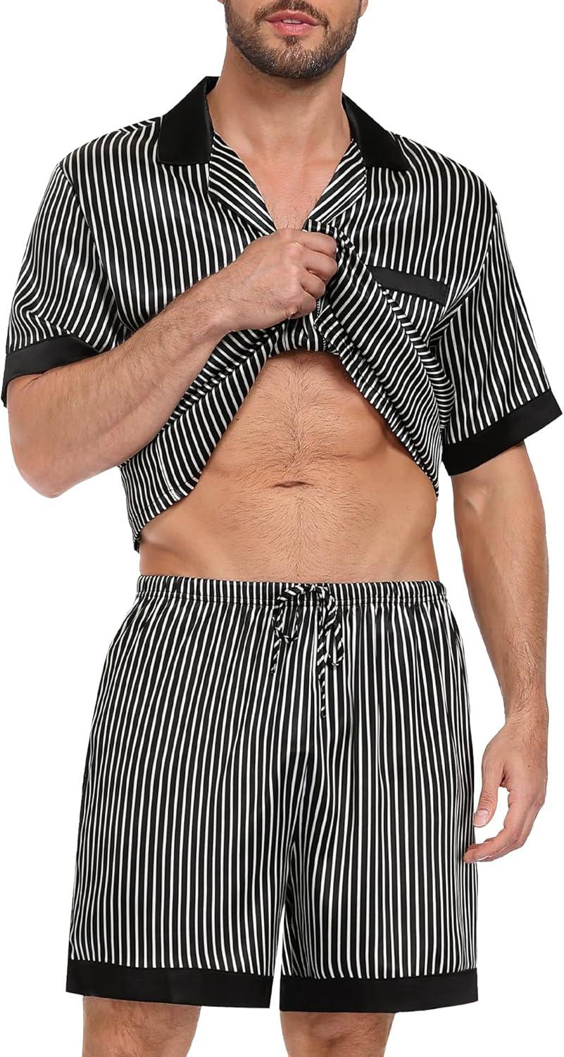 imageSWOMOG Men Satin Silk Pajamas Sets with Pockets Short Sleeve ButtonDown PJs Sets 2 Piece Summer Sleepwear SXXLBlack Stripe Gold