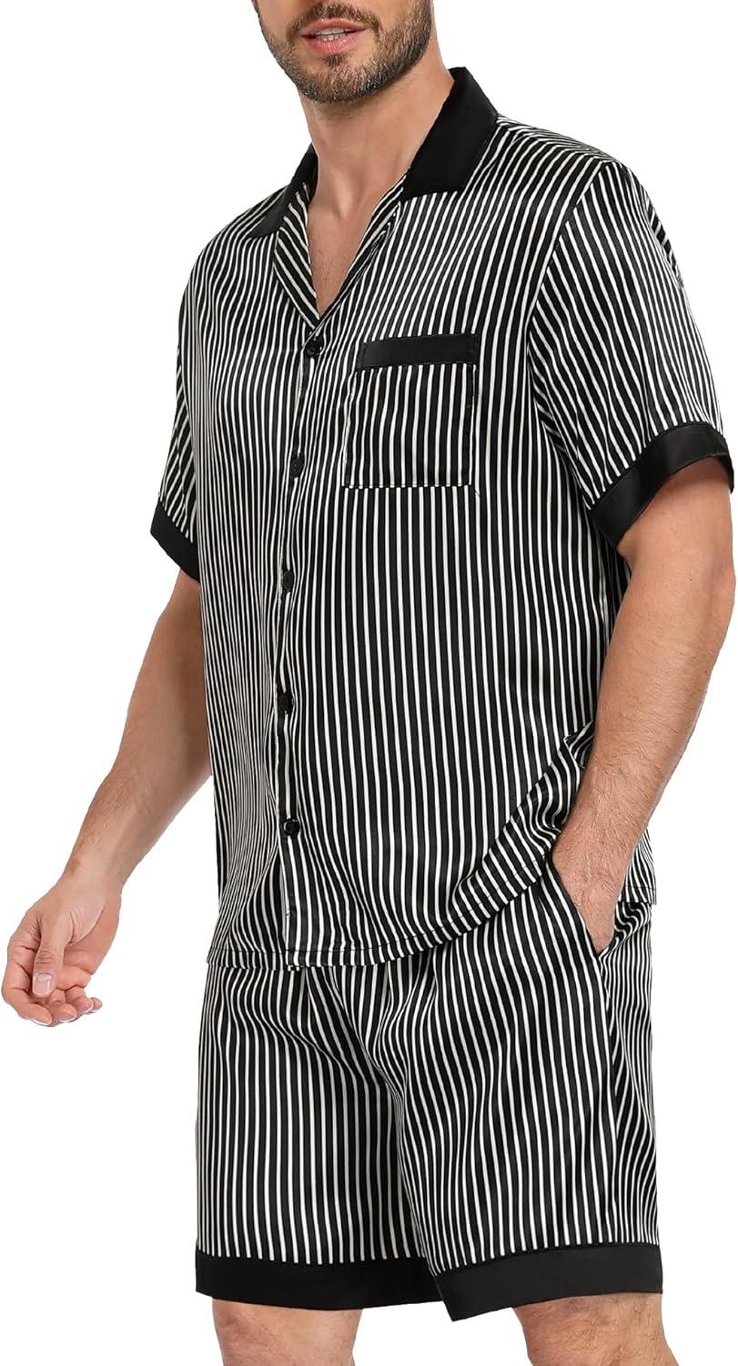 imageSWOMOG Men Satin Silk Pajamas Sets with Pockets Short Sleeve ButtonDown PJs Sets 2 Piece Summer Sleepwear SXXLBlack Stripe Gold