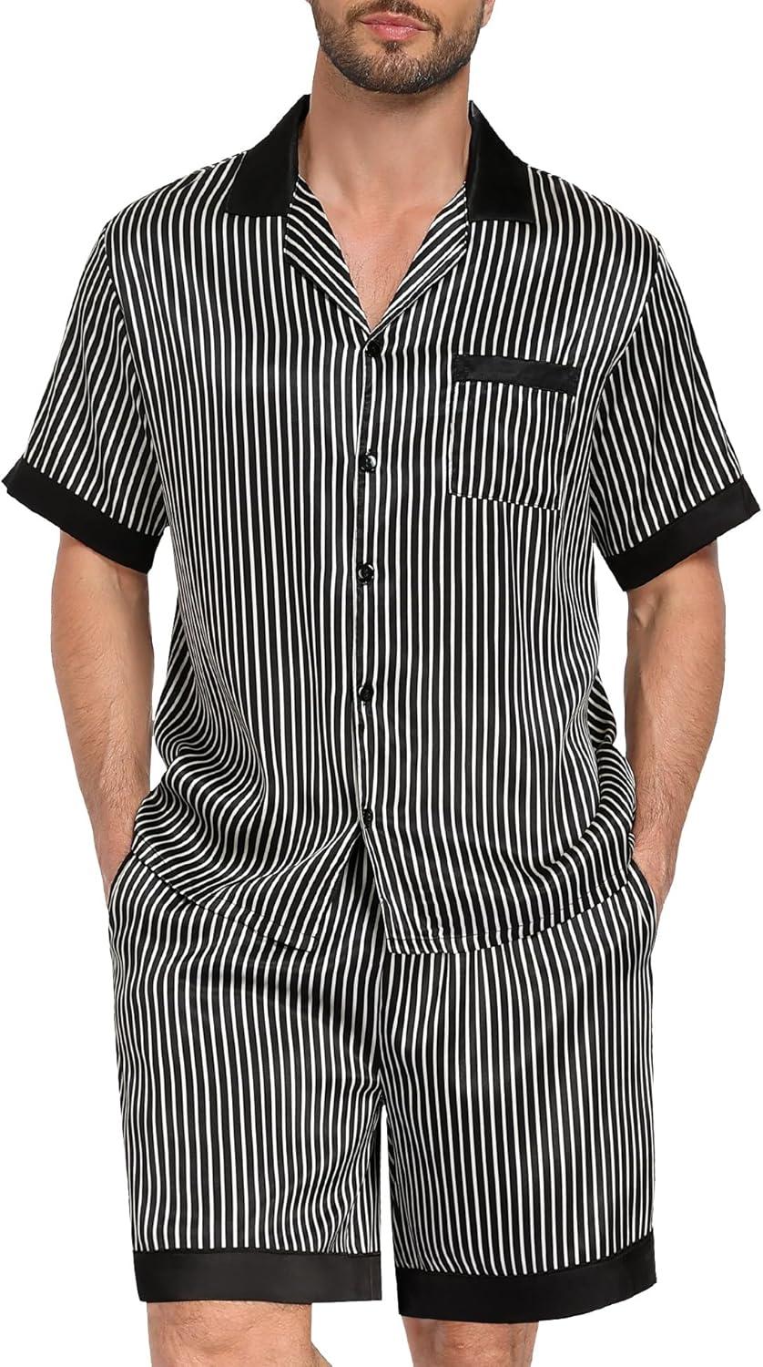 imageSWOMOG Men Satin Silk Pajamas Sets with Pockets Short Sleeve ButtonDown PJs Sets 2 Piece Summer Sleepwear SXXLBlack Stripe Gold