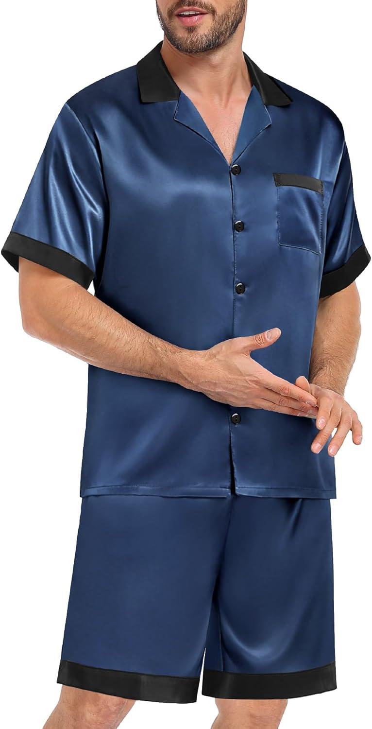 imageSWOMOG Men Satin Silk Pajamas Sets with Pockets Short Sleeve ButtonDown PJs Sets 2 Piece Summer Sleepwear SXXLDeep Grey