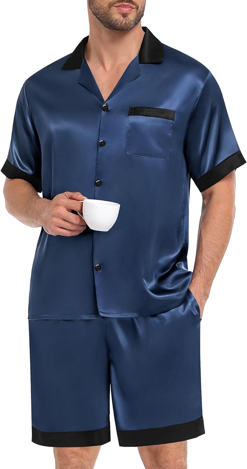 imageSWOMOG Men Satin Silk Pajamas Sets with Pockets Short Sleeve ButtonDown PJs Sets 2 Piece Summer Sleepwear SXXLDeep Grey