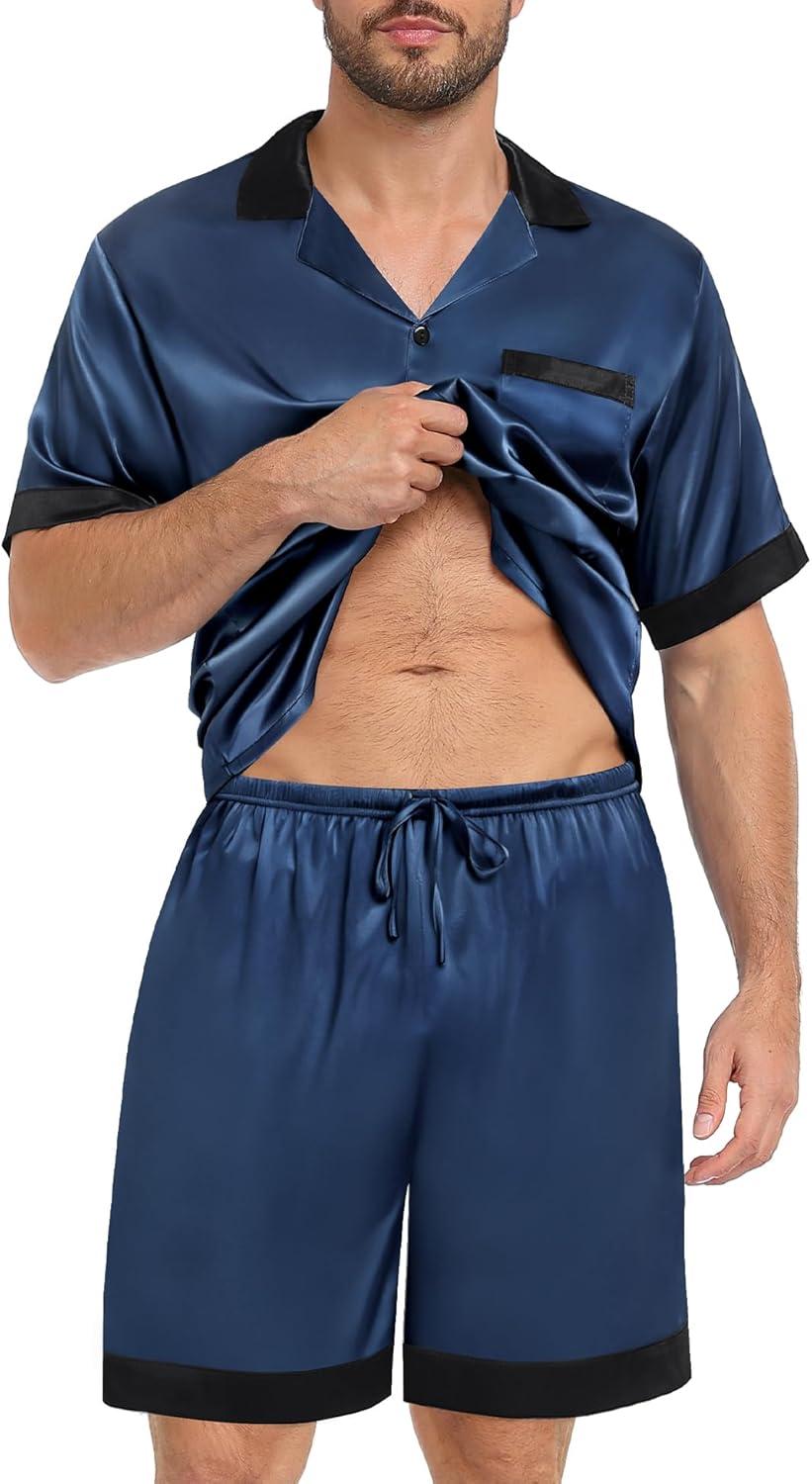 imageSWOMOG Men Satin Silk Pajamas Sets with Pockets Short Sleeve ButtonDown PJs Sets 2 Piece Summer Sleepwear SXXLDeep Grey