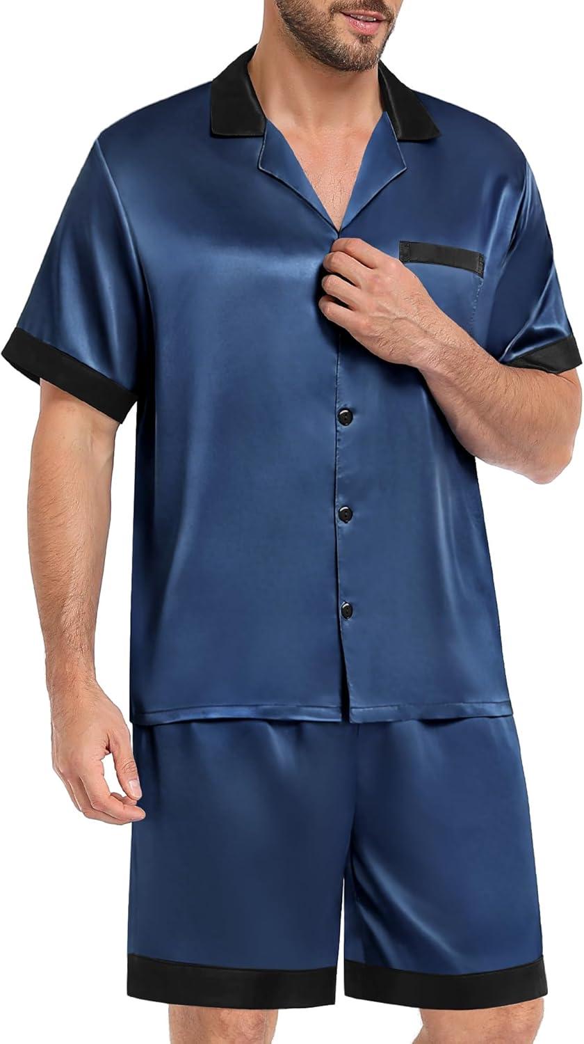imageSWOMOG Men Satin Silk Pajamas Sets with Pockets Short Sleeve ButtonDown PJs Sets 2 Piece Summer Sleepwear SXXLDeep Grey