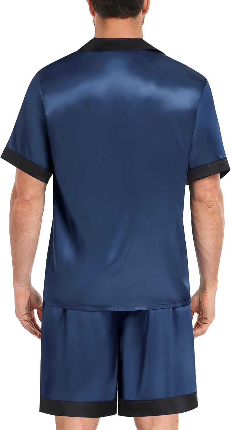 imageSWOMOG Men Satin Silk Pajamas Sets with Pockets Short Sleeve ButtonDown PJs Sets 2 Piece Summer Sleepwear SXXLDeep Grey