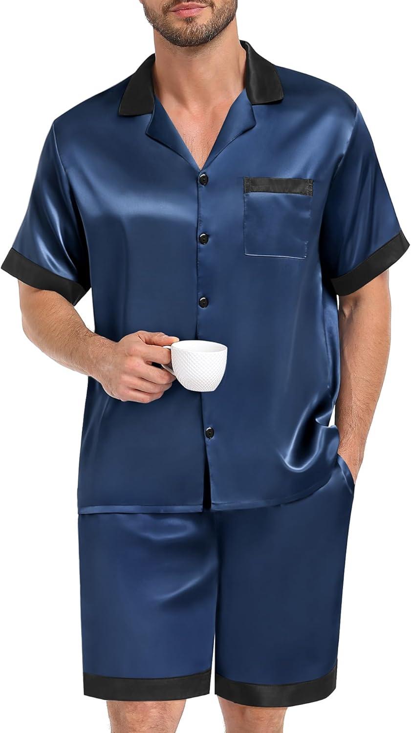 imageSWOMOG Men Satin Silk Pajamas Sets with Pockets Short Sleeve ButtonDown PJs Sets 2 Piece Summer Sleepwear SXXLDeep Grey