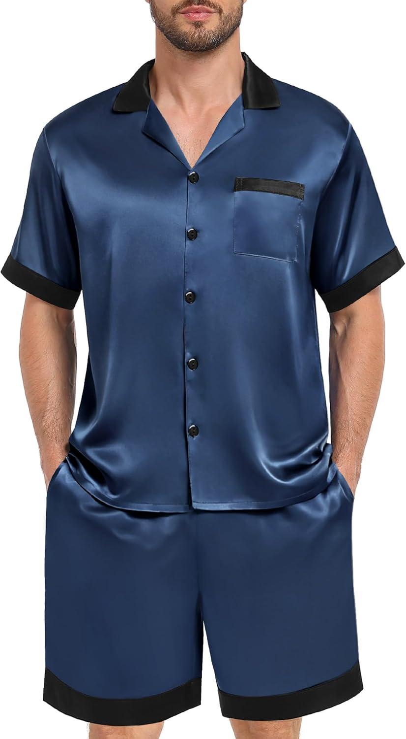 imageSWOMOG Men Satin Silk Pajamas Sets with Pockets Short Sleeve ButtonDown PJs Sets 2 Piece Summer Sleepwear SXXLDeep Grey