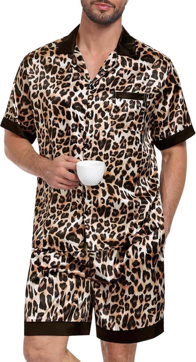 imageSWOMOG Men Satin Silk Pajamas Sets with Pockets Short Sleeve ButtonDown PJs Sets 2 Piece Summer Sleepwear SXXLLeopard Print
