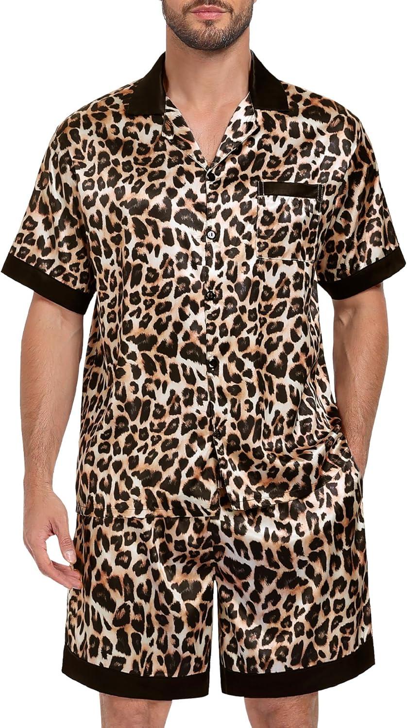 imageSWOMOG Men Satin Silk Pajamas Sets with Pockets Short Sleeve ButtonDown PJs Sets 2 Piece Summer Sleepwear SXXLLeopard Print