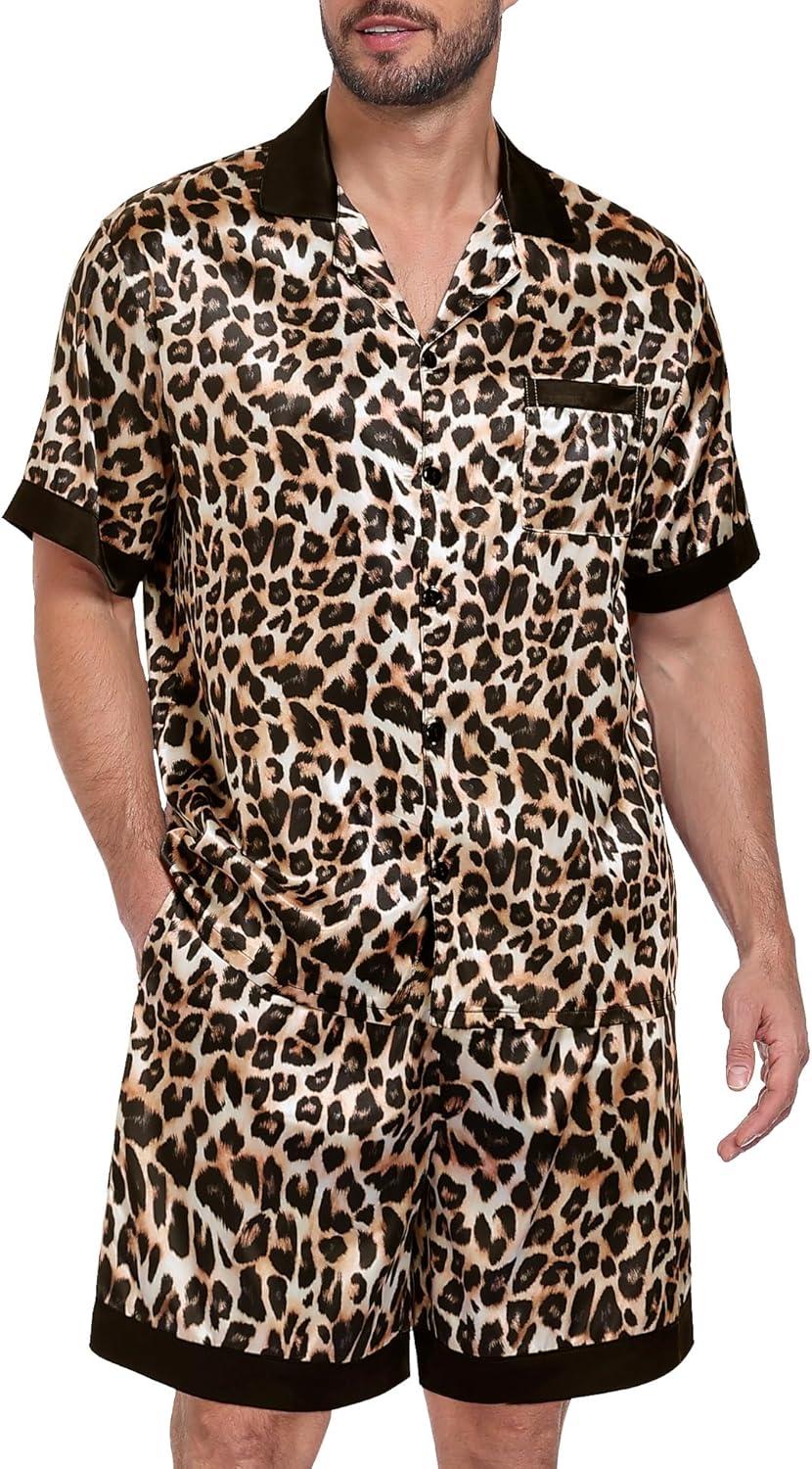 imageSWOMOG Men Satin Silk Pajamas Sets with Pockets Short Sleeve ButtonDown PJs Sets 2 Piece Summer Sleepwear SXXLLeopard Print