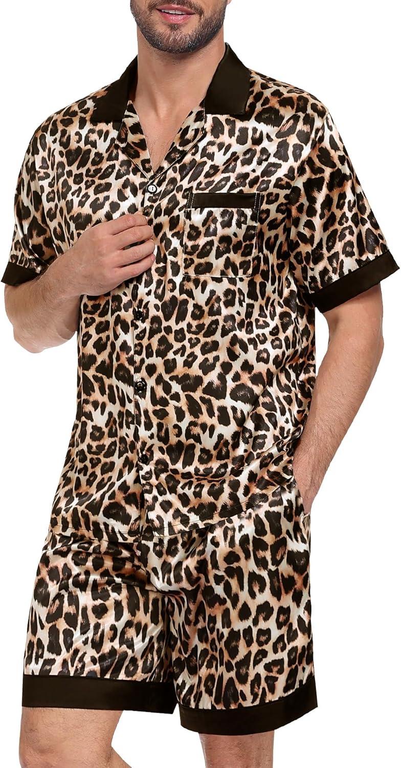 imageSWOMOG Men Satin Silk Pajamas Sets with Pockets Short Sleeve ButtonDown PJs Sets 2 Piece Summer Sleepwear SXXLLeopard Print