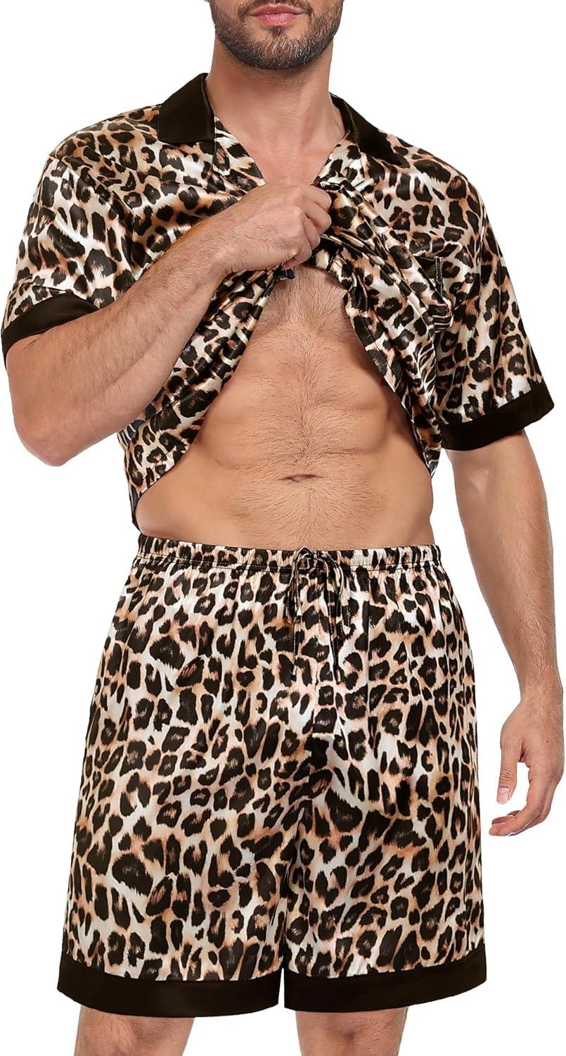 imageSWOMOG Men Satin Silk Pajamas Sets with Pockets Short Sleeve ButtonDown PJs Sets 2 Piece Summer Sleepwear SXXLLeopard Print