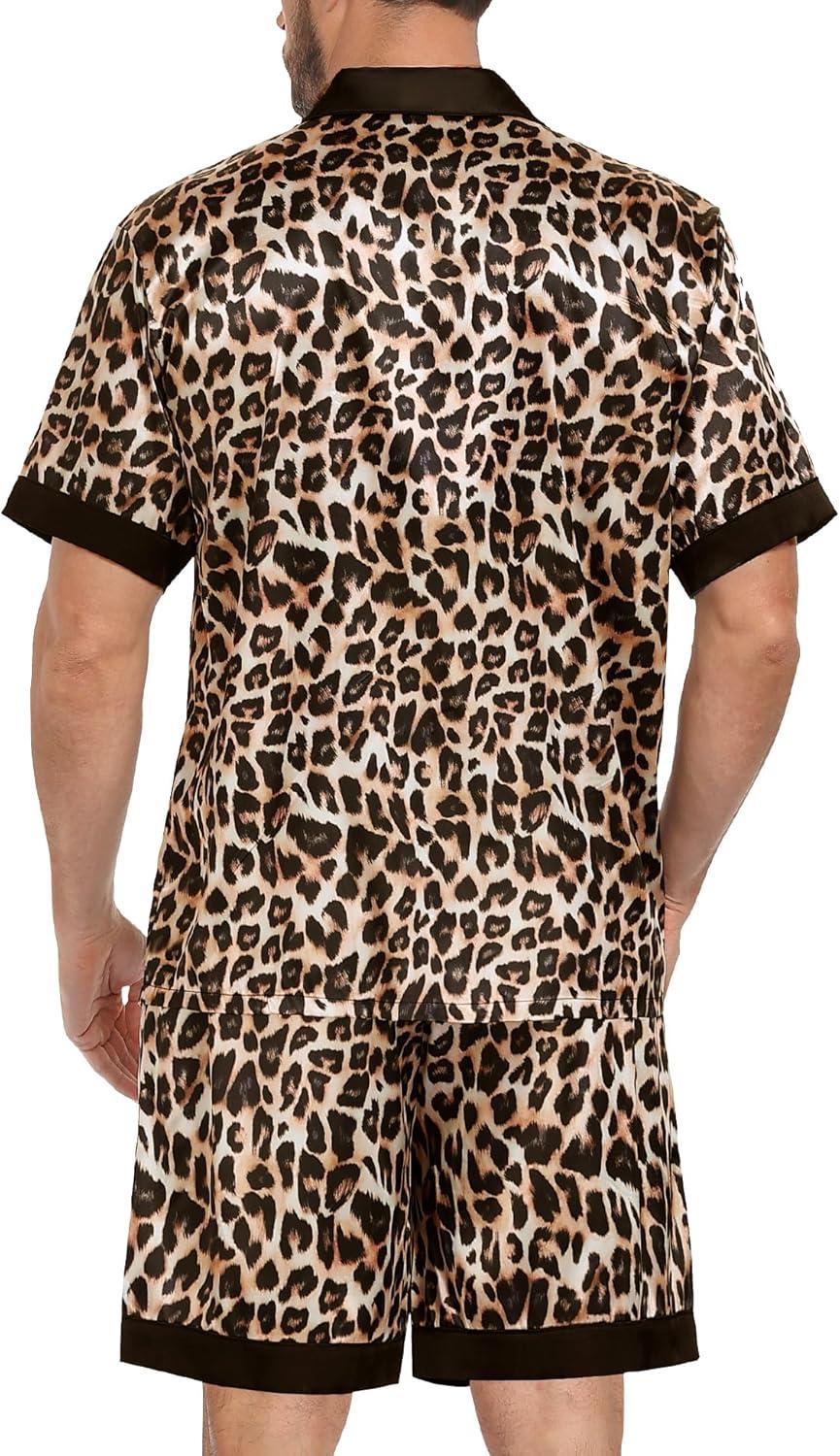 imageSWOMOG Men Satin Silk Pajamas Sets with Pockets Short Sleeve ButtonDown PJs Sets 2 Piece Summer Sleepwear SXXLLeopard Print