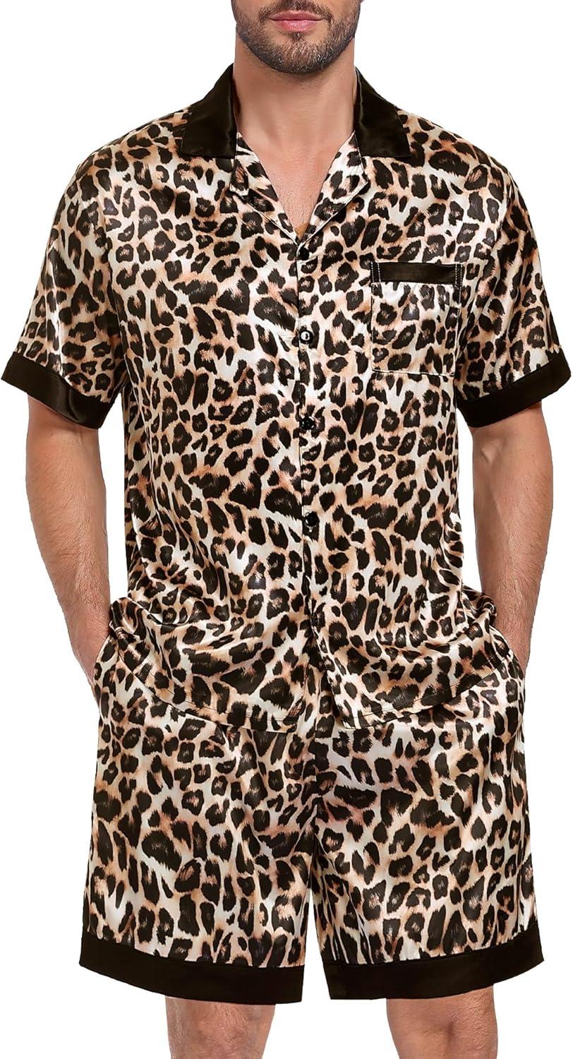 imageSWOMOG Men Satin Silk Pajamas Sets with Pockets Short Sleeve ButtonDown PJs Sets 2 Piece Summer Sleepwear SXXLLeopard Print