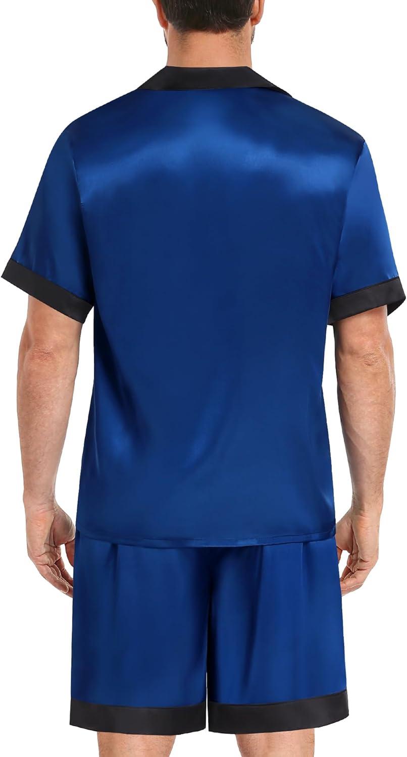 imageSWOMOG Men Satin Silk Pajamas Sets with Pockets Short Sleeve ButtonDown PJs Sets 2 Piece Summer Sleepwear SXXLNavy Blue