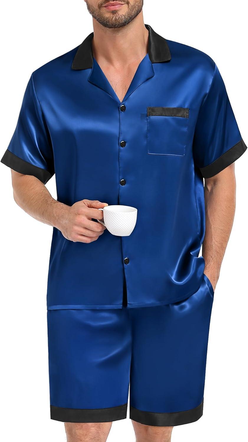 imageSWOMOG Men Satin Silk Pajamas Sets with Pockets Short Sleeve ButtonDown PJs Sets 2 Piece Summer Sleepwear SXXLNavy Blue