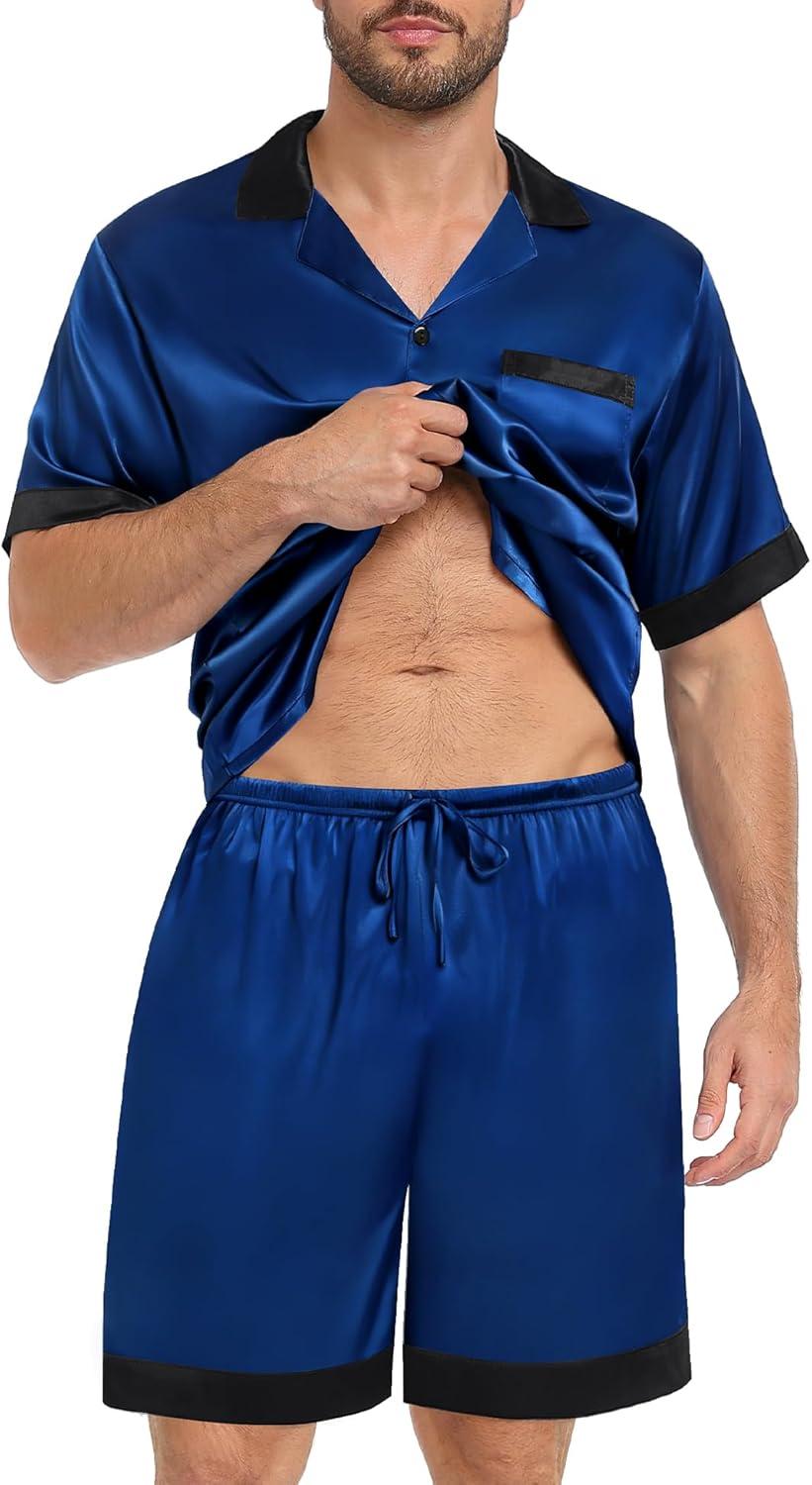 imageSWOMOG Men Satin Silk Pajamas Sets with Pockets Short Sleeve ButtonDown PJs Sets 2 Piece Summer Sleepwear SXXLNavy Blue