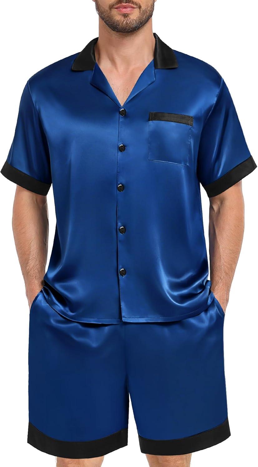 imageSWOMOG Men Satin Silk Pajamas Sets with Pockets Short Sleeve ButtonDown PJs Sets 2 Piece Summer Sleepwear SXXLNavy Blue