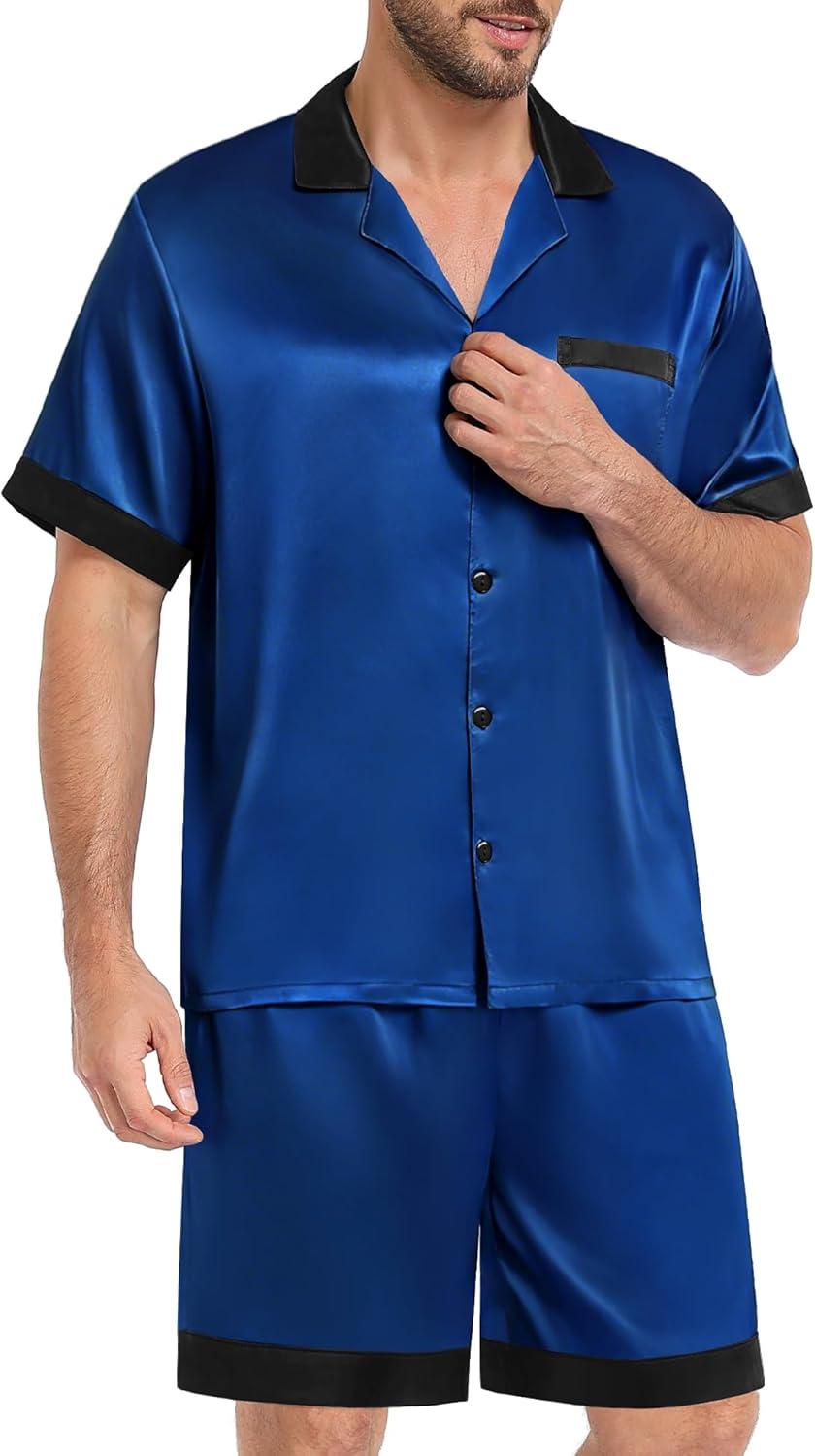 imageSWOMOG Men Satin Silk Pajamas Sets with Pockets Short Sleeve ButtonDown PJs Sets 2 Piece Summer Sleepwear SXXLNavy Blue