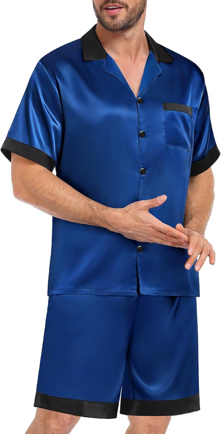 imageSWOMOG Men Satin Silk Pajamas Sets with Pockets Short Sleeve ButtonDown PJs Sets 2 Piece Summer Sleepwear SXXLNavy Blue