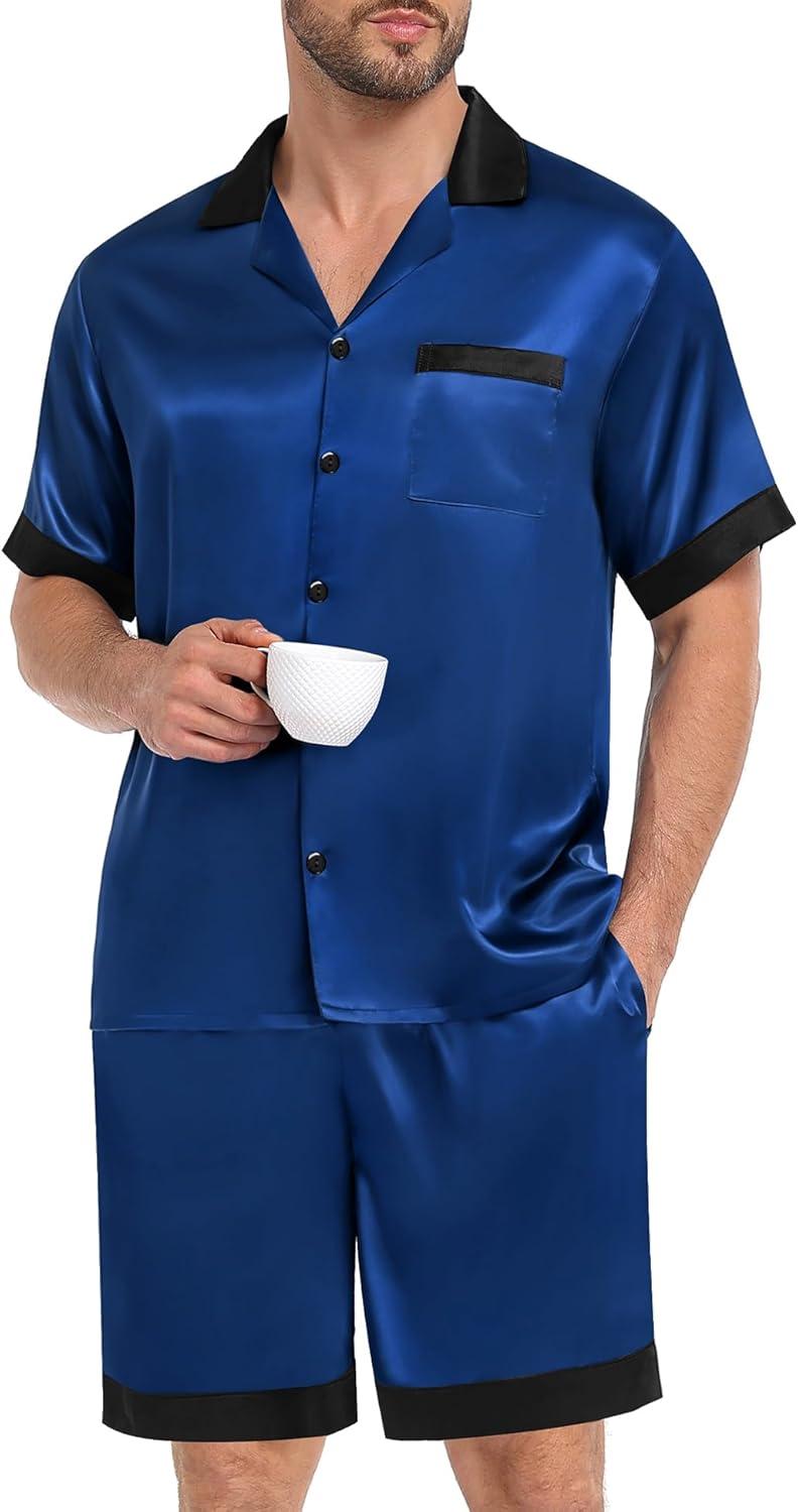 imageSWOMOG Men Satin Silk Pajamas Sets with Pockets Short Sleeve ButtonDown PJs Sets 2 Piece Summer Sleepwear SXXLNavy Blue