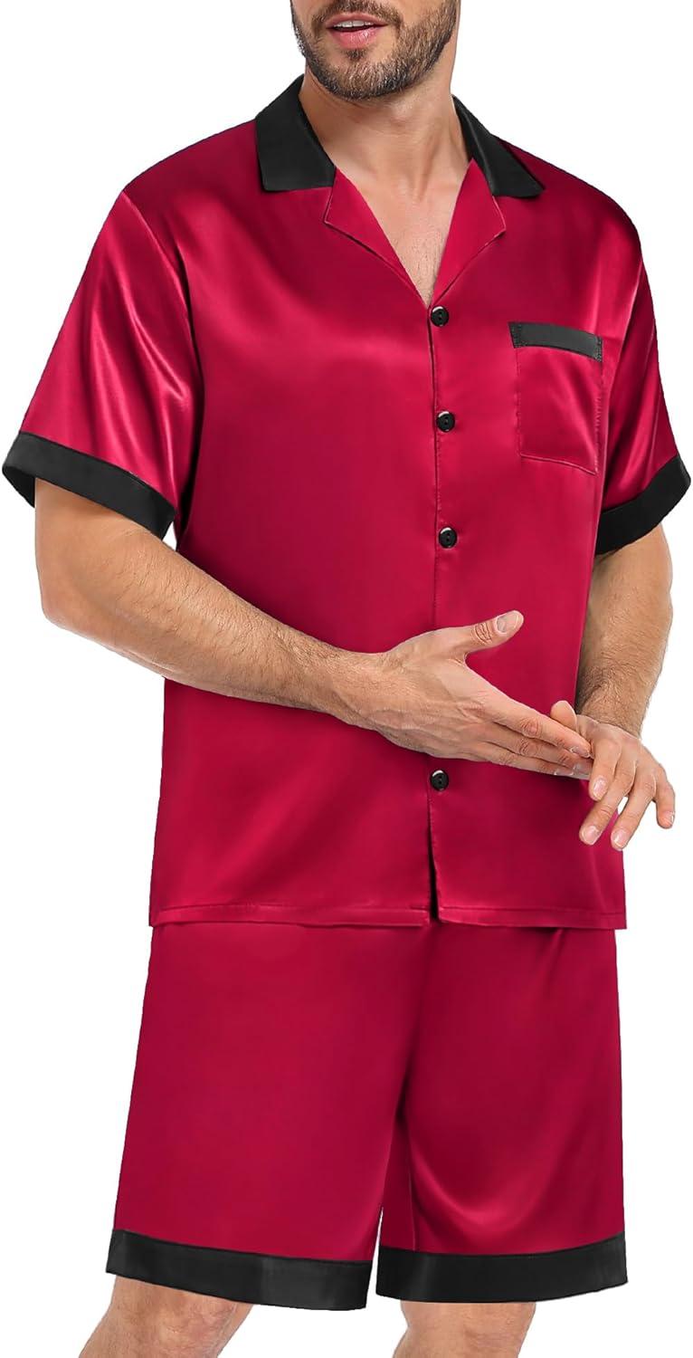 imageSWOMOG Men Satin Silk Pajamas Sets with Pockets Short Sleeve ButtonDown PJs Sets 2 Piece Summer Sleepwear SXXLRed
