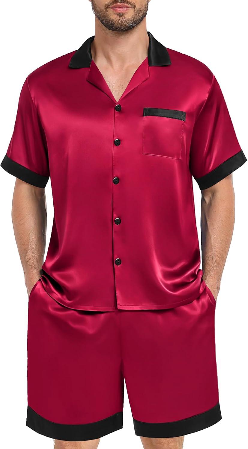 imageSWOMOG Men Satin Silk Pajamas Sets with Pockets Short Sleeve ButtonDown PJs Sets 2 Piece Summer Sleepwear SXXLRed