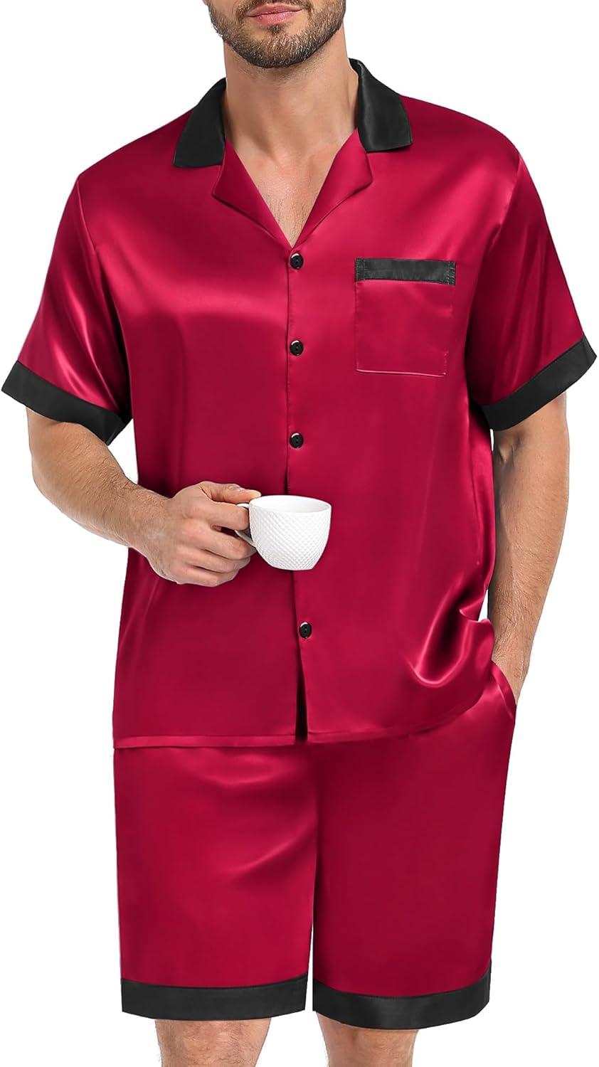 imageSWOMOG Men Satin Silk Pajamas Sets with Pockets Short Sleeve ButtonDown PJs Sets 2 Piece Summer Sleepwear SXXLRed