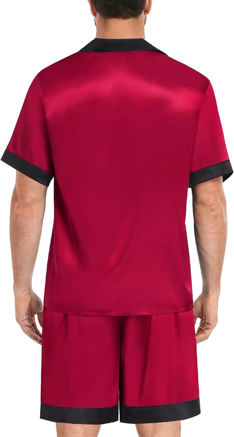 imageSWOMOG Men Satin Silk Pajamas Sets with Pockets Short Sleeve ButtonDown PJs Sets 2 Piece Summer Sleepwear SXXLRed