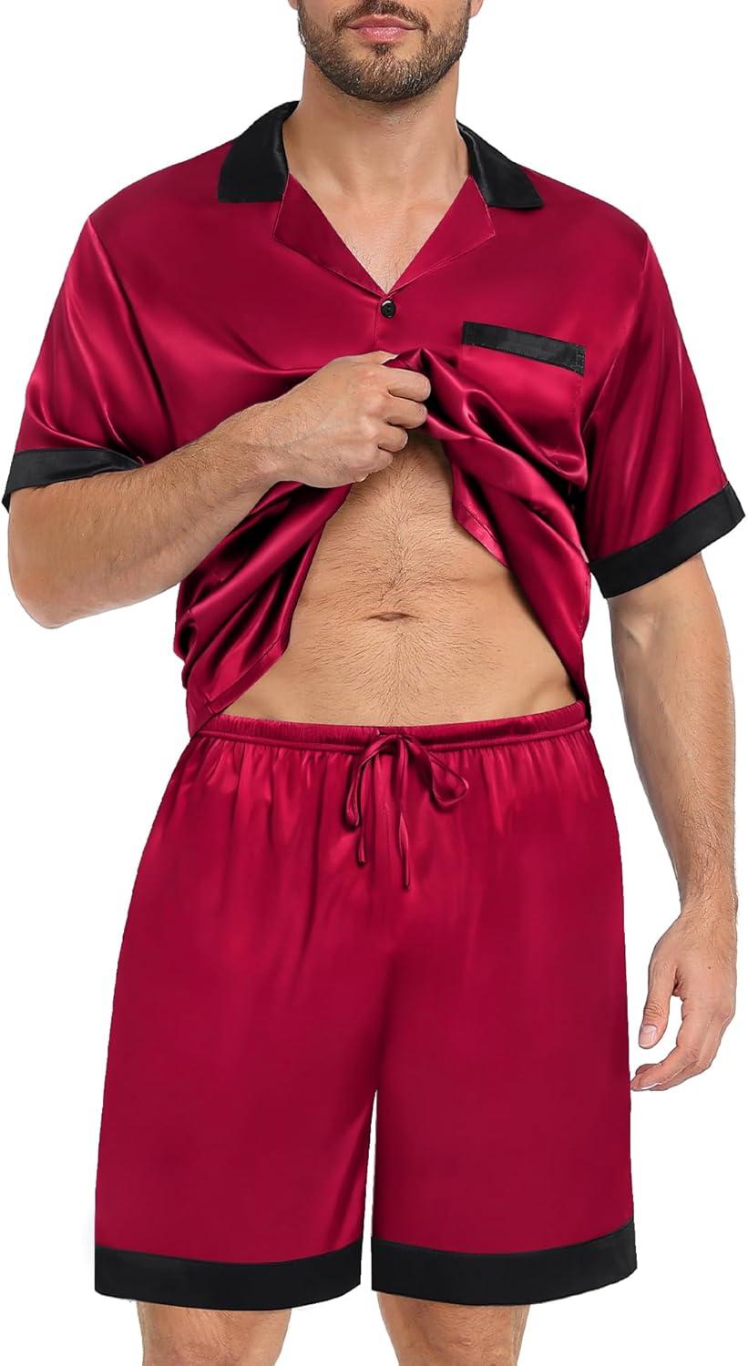 imageSWOMOG Men Satin Silk Pajamas Sets with Pockets Short Sleeve ButtonDown PJs Sets 2 Piece Summer Sleepwear SXXLRed