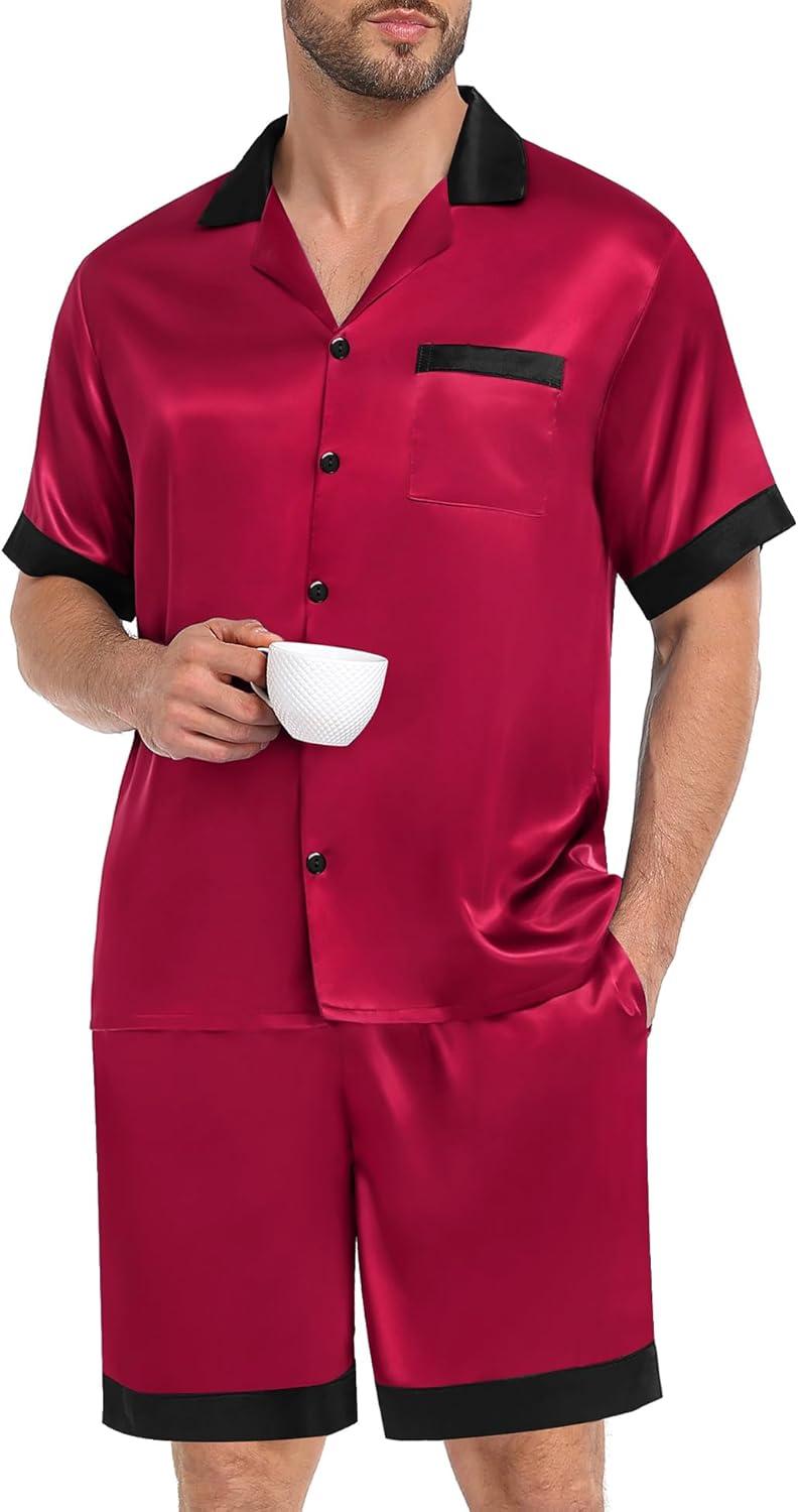 imageSWOMOG Men Satin Silk Pajamas Sets with Pockets Short Sleeve ButtonDown PJs Sets 2 Piece Summer Sleepwear SXXLRed