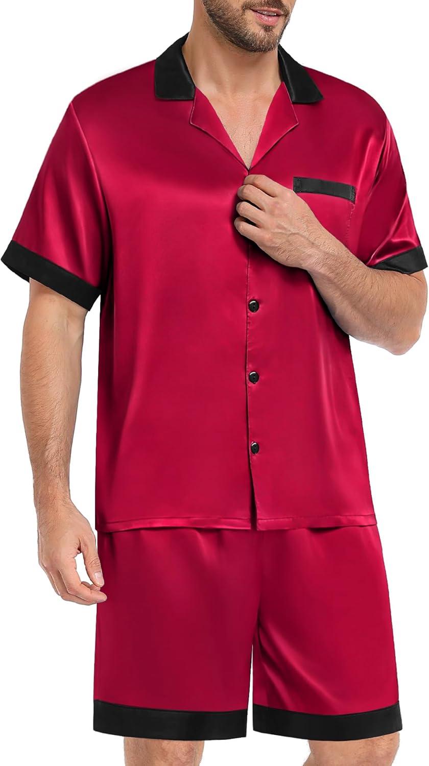 imageSWOMOG Men Satin Silk Pajamas Sets with Pockets Short Sleeve ButtonDown PJs Sets 2 Piece Summer Sleepwear SXXLRed