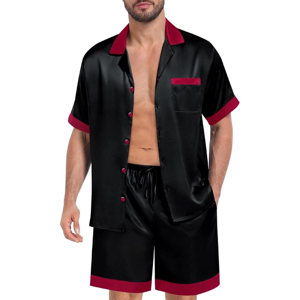 imageSWOMOG Men Satin Silk Pajamas Sets with Pockets Short Sleeve ButtonDown PJs Sets 2 Piece Summer Sleepwear SXXLBlack
