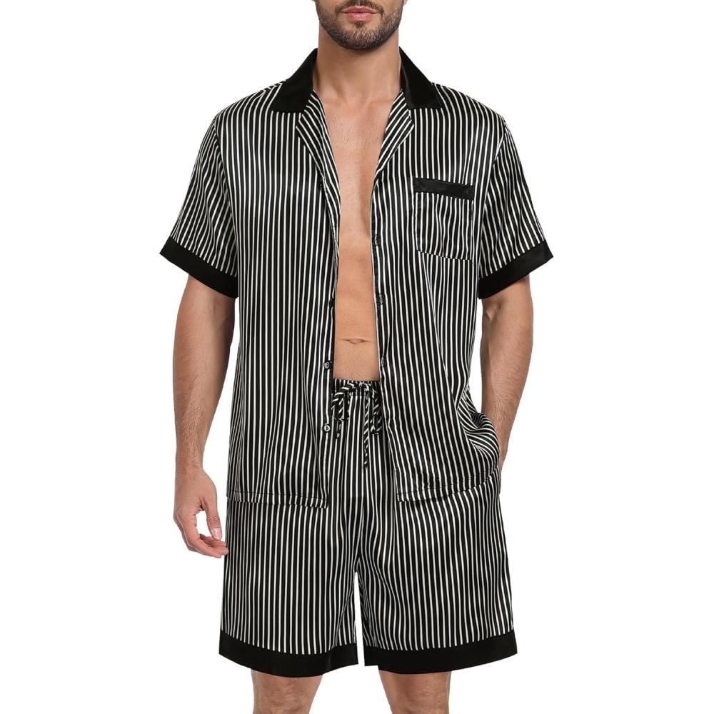 imageSWOMOG Men Satin Silk Pajamas Sets with Pockets Short Sleeve ButtonDown PJs Sets 2 Piece Summer Sleepwear SXXLBlack Stripe Gold
