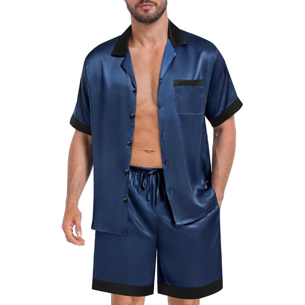 imageSWOMOG Men Satin Silk Pajamas Sets with Pockets Short Sleeve ButtonDown PJs Sets 2 Piece Summer Sleepwear SXXLDeep Grey