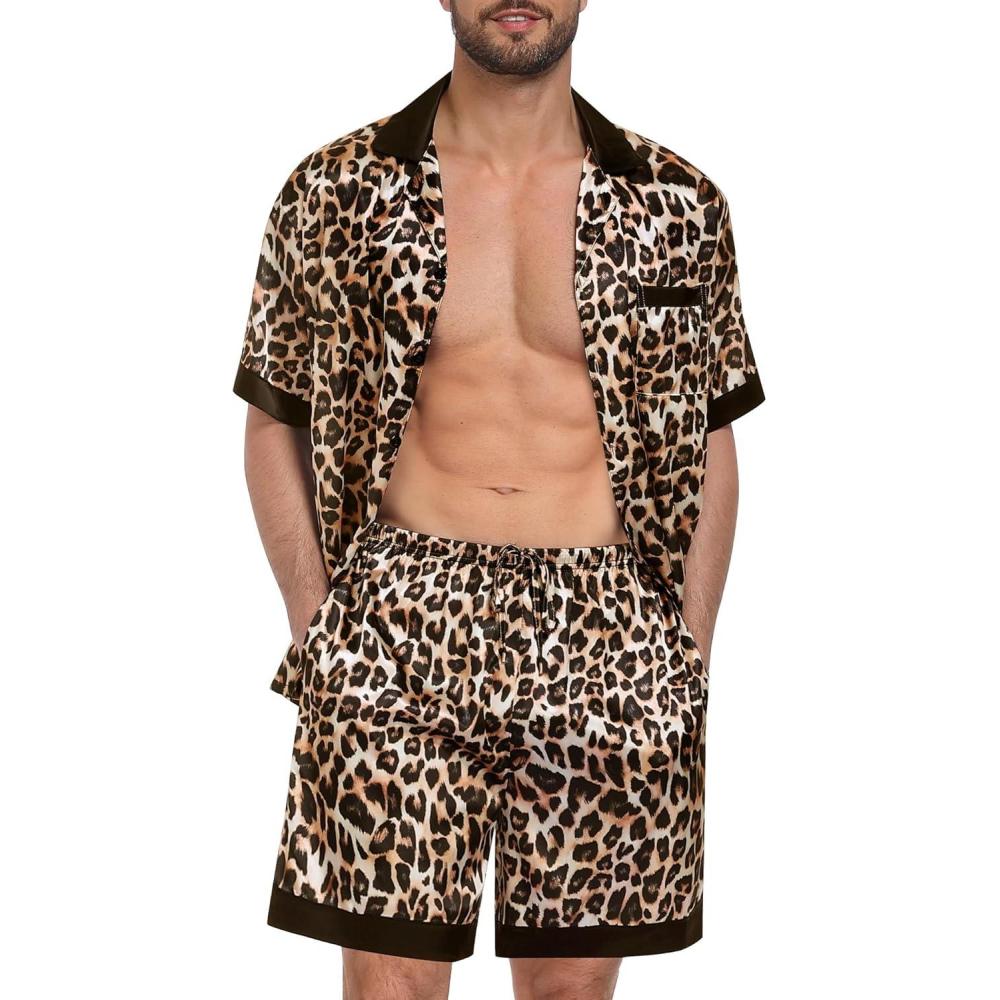 imageSWOMOG Men Satin Silk Pajamas Sets with Pockets Short Sleeve ButtonDown PJs Sets 2 Piece Summer Sleepwear SXXLLeopard Print