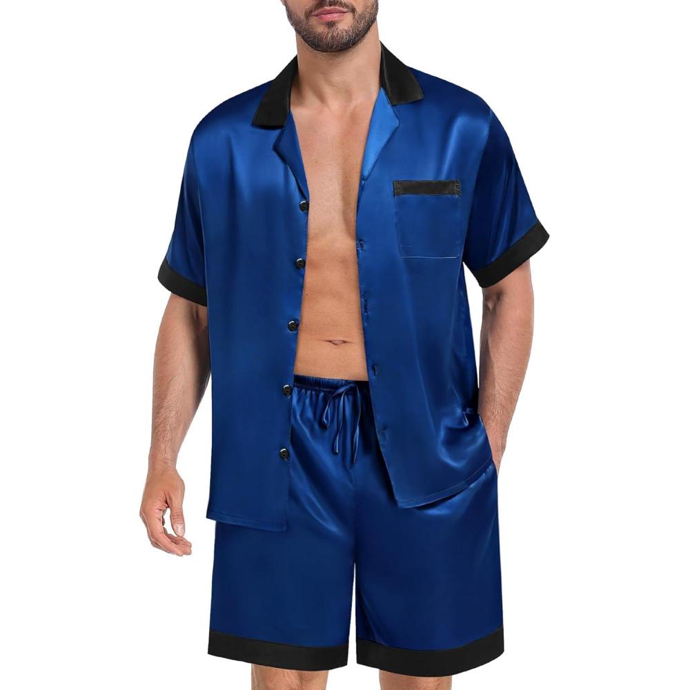 imageSWOMOG Men Satin Silk Pajamas Sets with Pockets Short Sleeve ButtonDown PJs Sets 2 Piece Summer Sleepwear SXXLNavy Blue