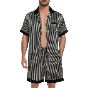 SWOMOG Men Satin Silk Pajamas Sets with Pockets Short Sleeve Button-Down PJs Sets 2 Piece Summer Sleepwear S-XXL(Black Stripe Gold)