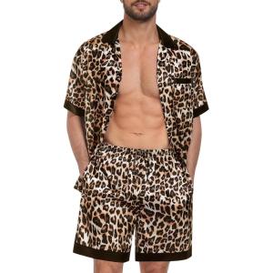 SWOMOG Men Satin Silk Pajamas Sets with Pockets Short Sleeve Button-Down PJs Sets 2 Piece Summer Sleepwear S-XXL(Leopard Print)