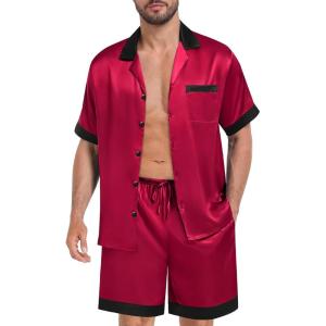 SWOMOG Men Satin Silk Pajamas Sets with Pockets Short Sleeve Button-Down PJs Sets 2 Piece Summer Sleepwear S-XXL(Red)